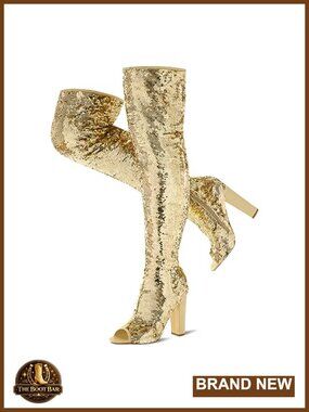 Sequin Thigh High Boots Open Toe Chunky Heel Over The Knee